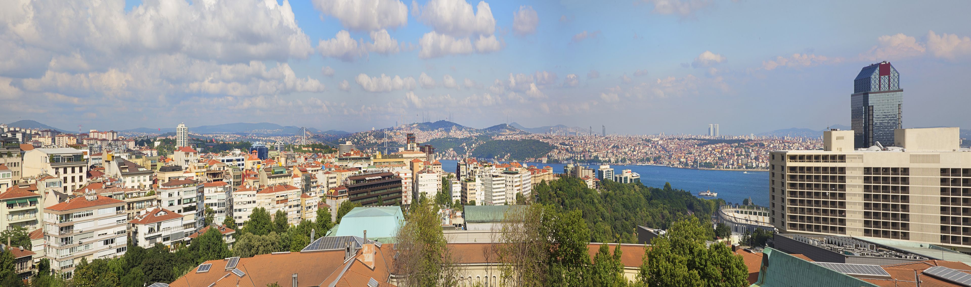 A cityscape with a mix of residential and commercial buildings, a body of water, and mountains in the distance.