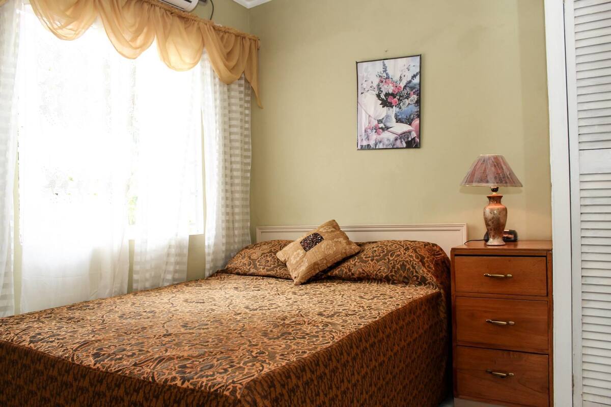A bedroom with a patterned bedspread, a decorative pillow, a bedside lamp, and a painting on the wall.
