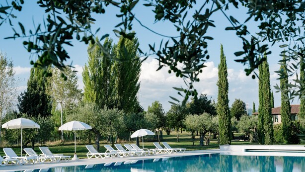 A pool area with lounge chairs and umbrellas, surrounded by trees and a clear sky. - Valle di Assisi Country Apartments (Assisi)