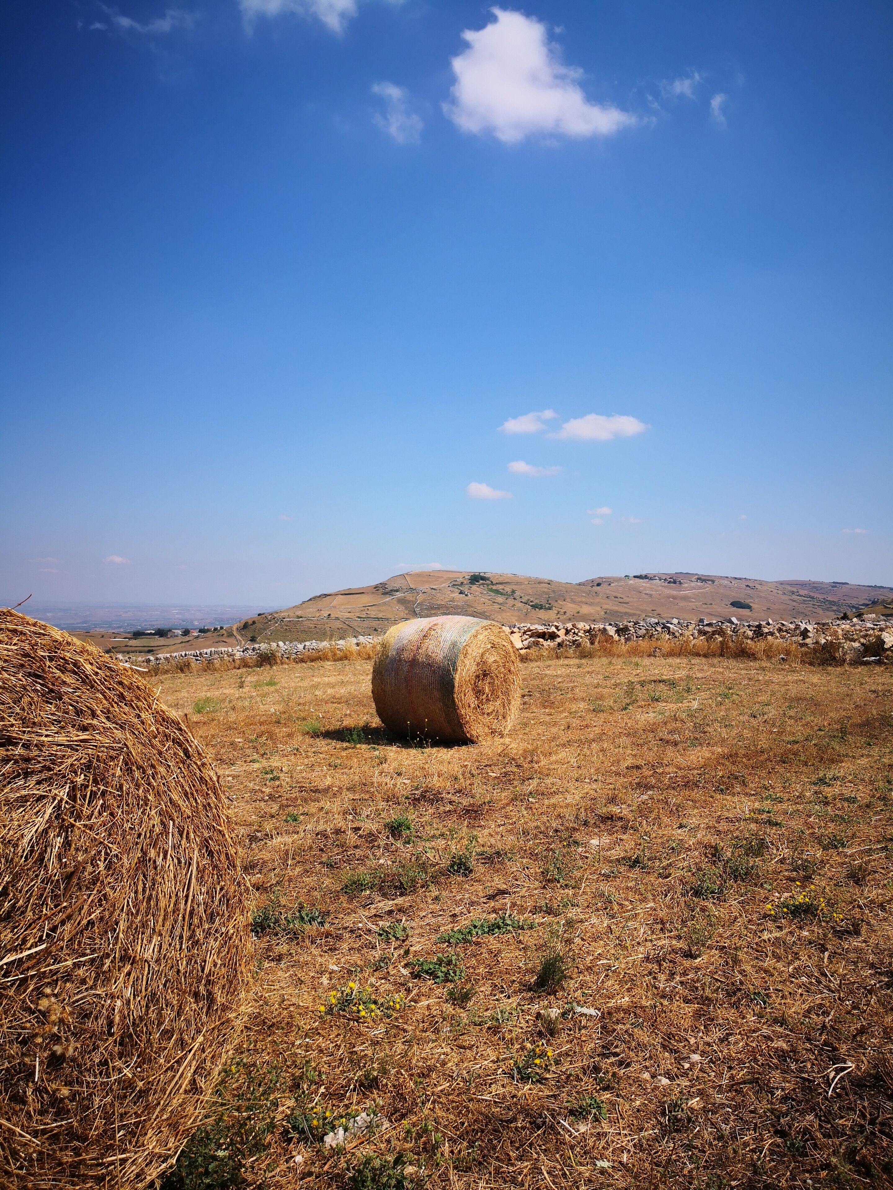A rural landscape with hay bales and a stone wall.