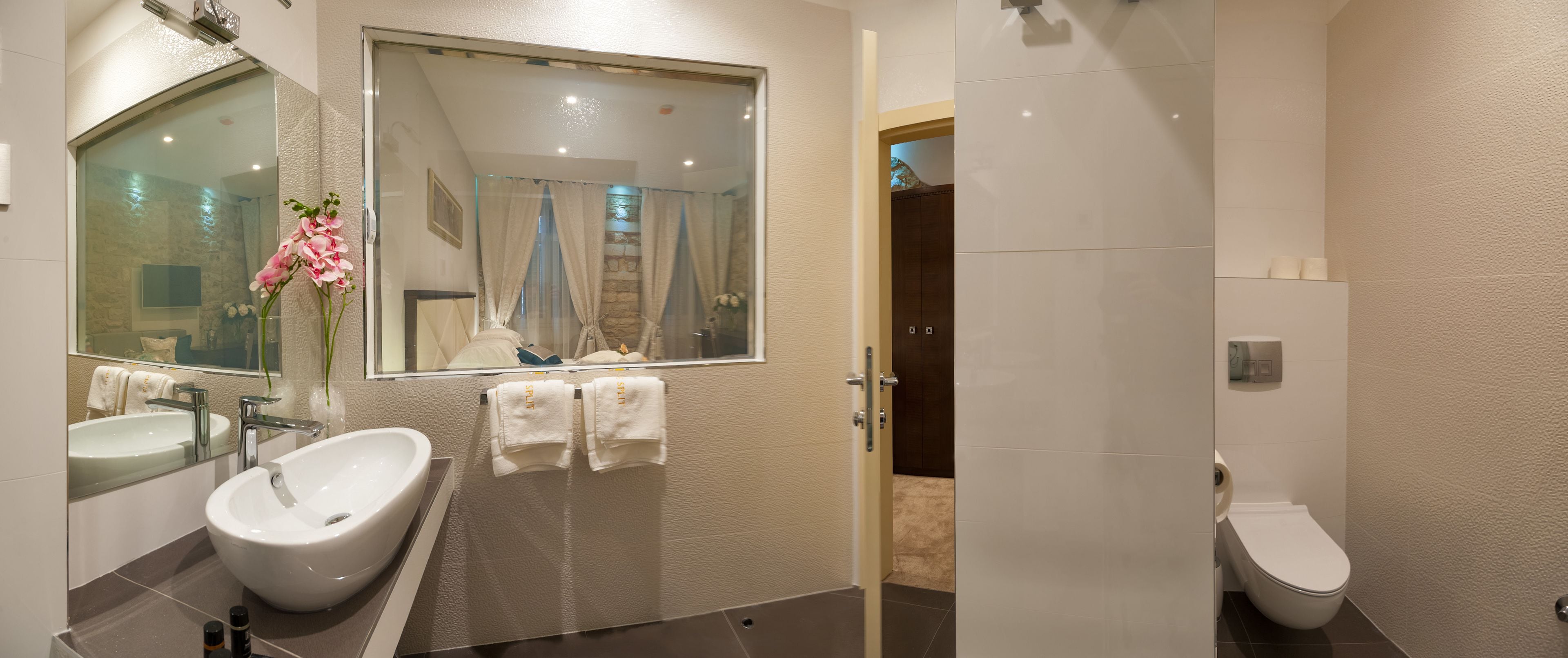 Une salle de bain moderne avec un grand miroir, un lavabo blanc, des toilettes et un espace douche.