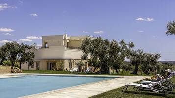 Seasonal outdoor pool, pool umbrellas, pool loungers