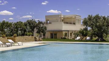 Una casa moderna de dos pisos con piscina, rodeada de árboles y un cielo despejado.
