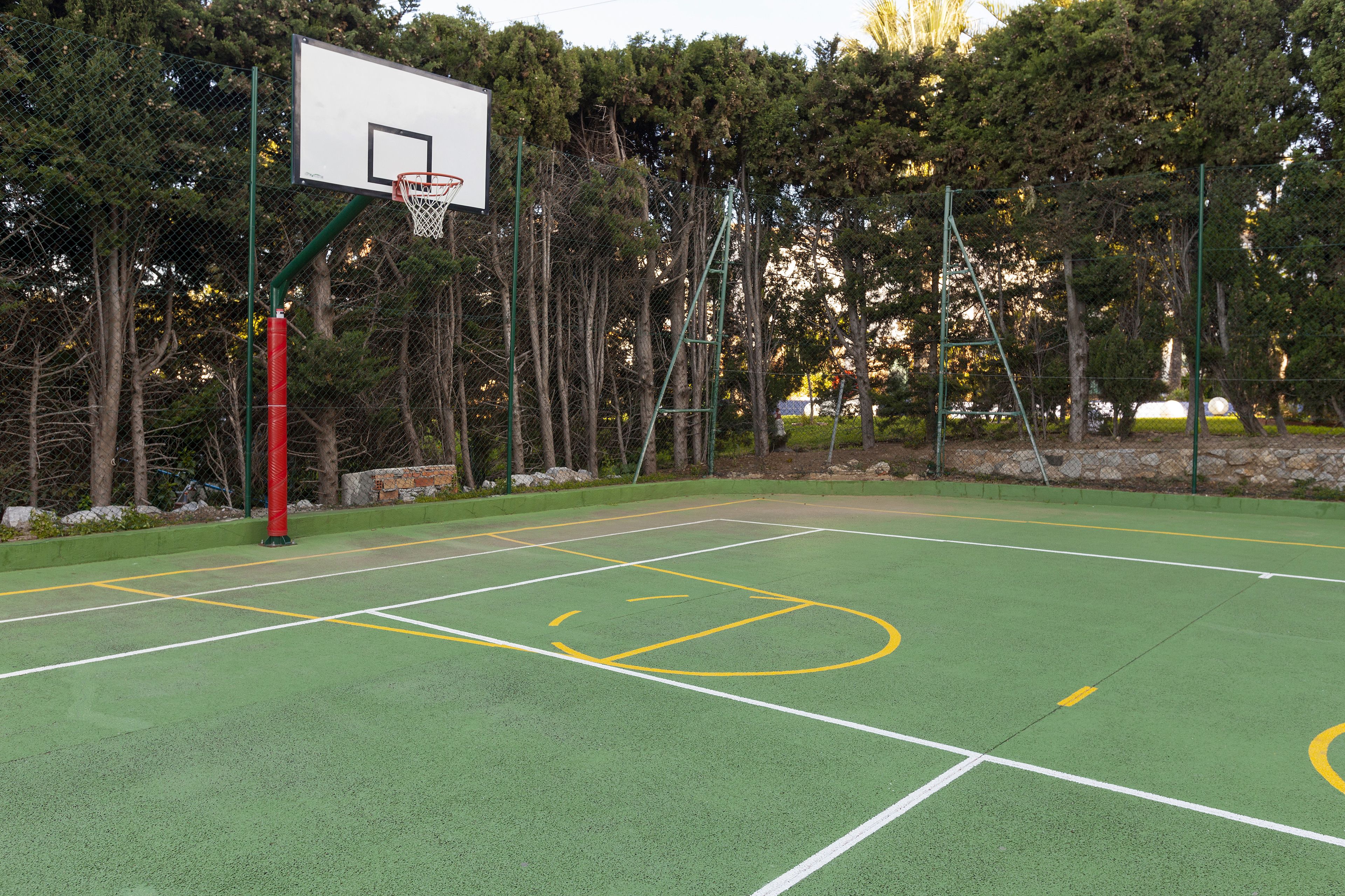 An outdoor basketball court with a green surface, white boundary lines, and a basketball hoop.