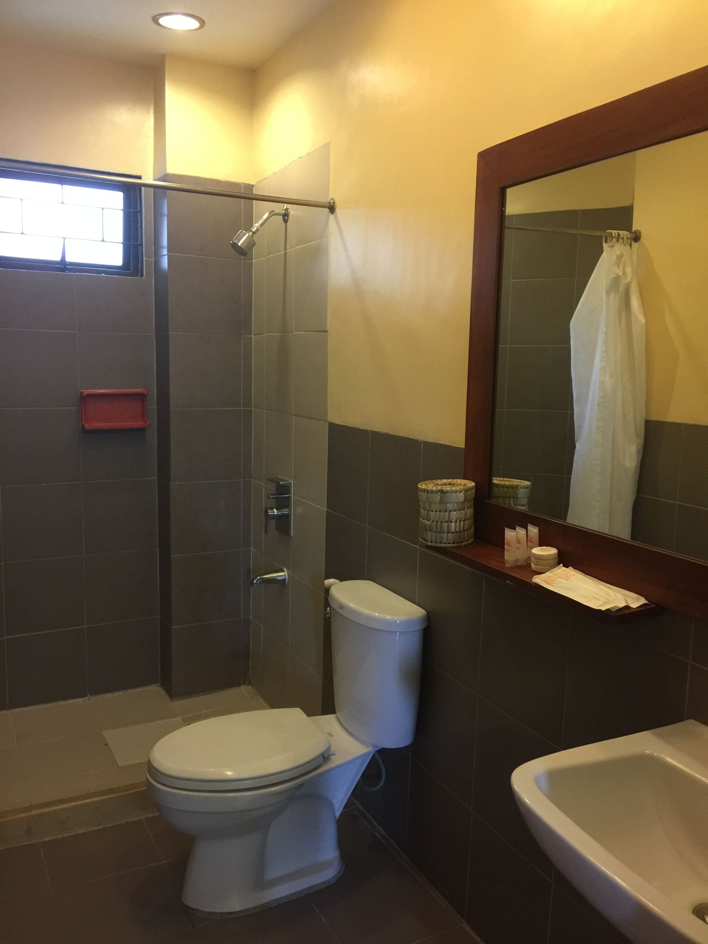 A bathroom with a toilet, a shower, and a sink.