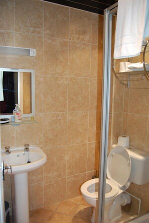 Un bagno con lavandino, WC e box doccia in vetro.