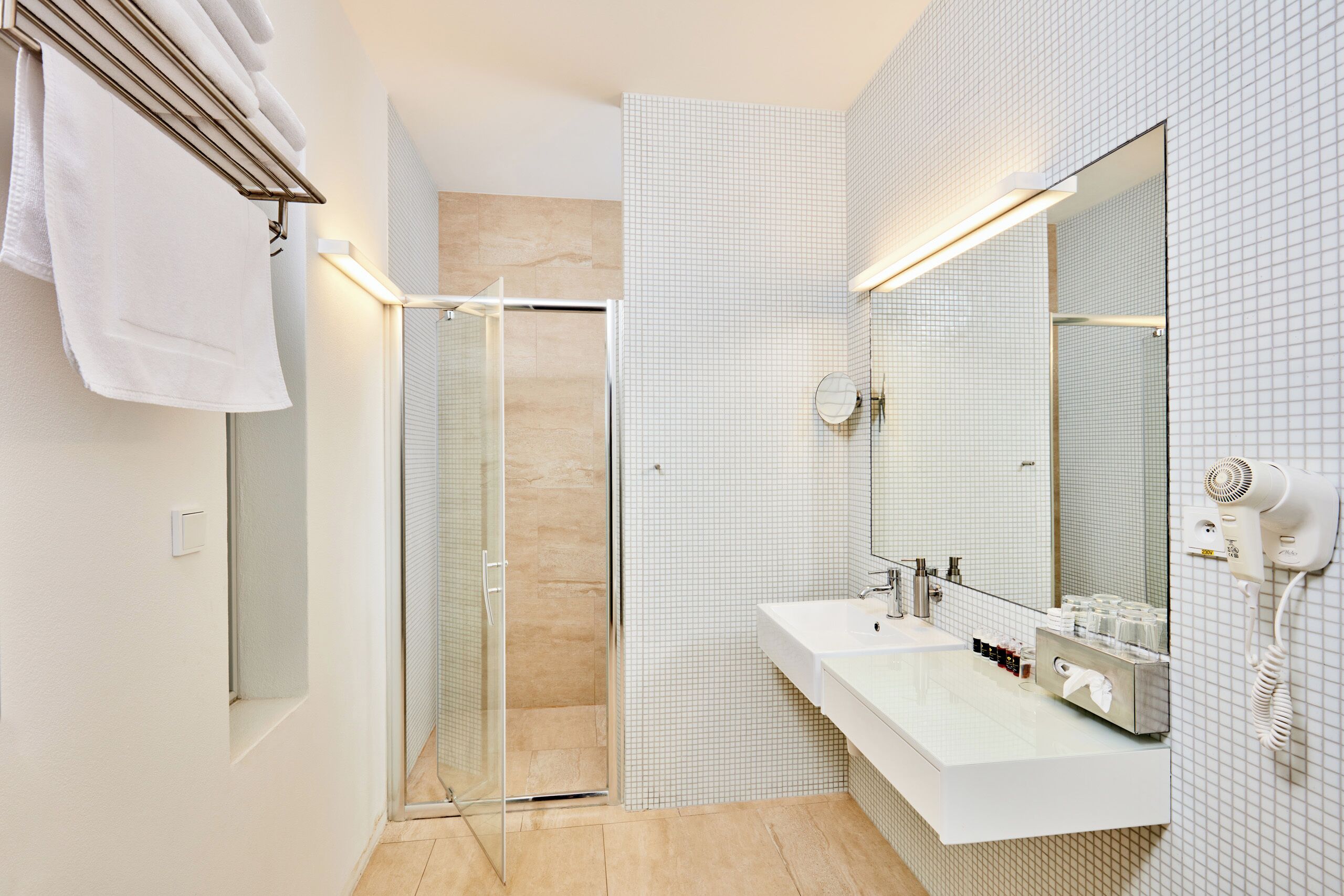 royal room | bathroom | shower, rainfall showerhead, hair dryer, towels