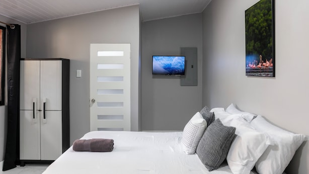 A bedroom with a bed, a TV mounted on the wall, and a wardrobe. - Tony's Guest House (Diego Martin)