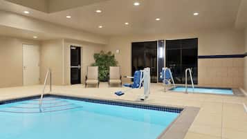 Indoor pool, open 8 AM to 10 PM, pool loungers