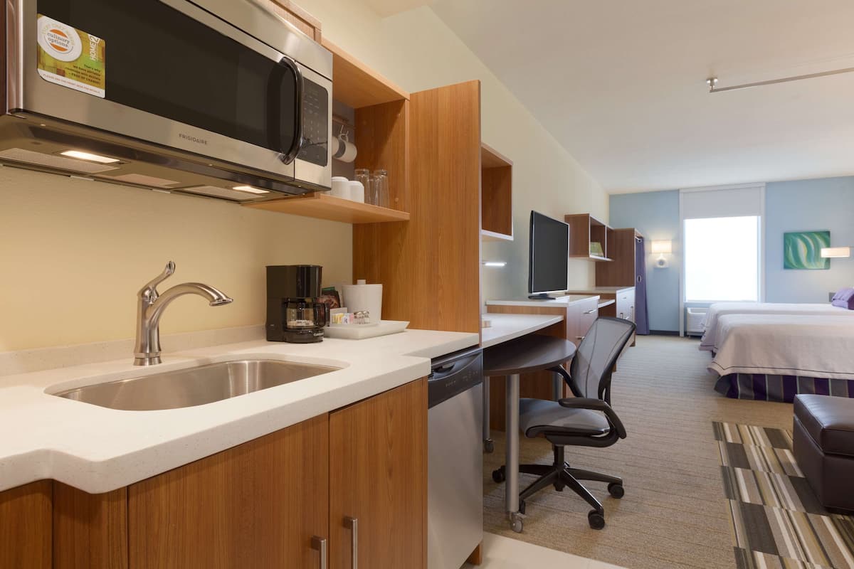 studio, 2 queen beds | premium bedding, in-room safe, desk, cots/infant beds
