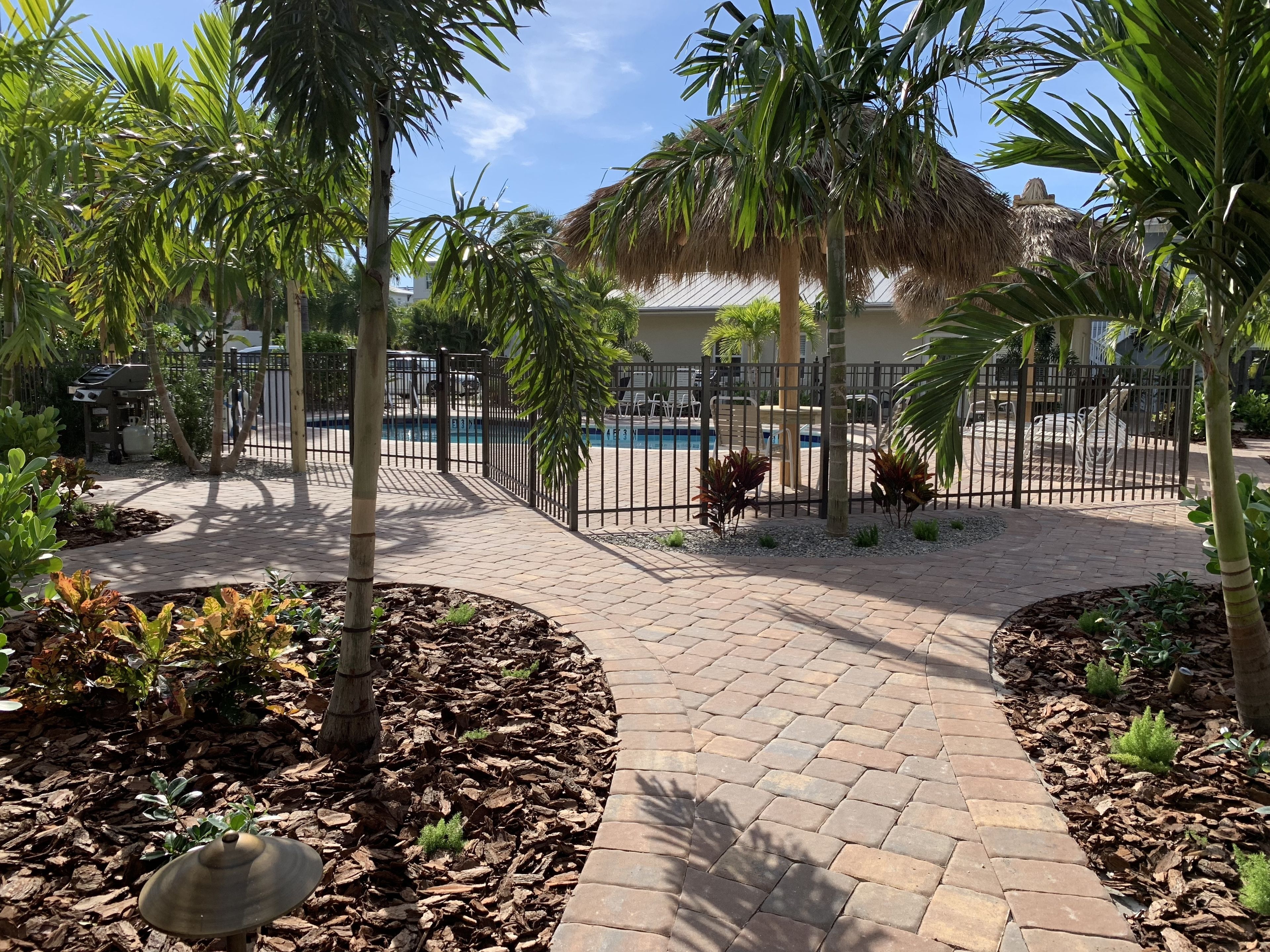 A paved pathway leading to a pool area surrounded by palm trees and a fence.