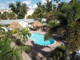 Outdoor pool, a heated pool, open open 24 hours, sun loungers