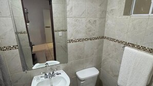 A bathroom with a sink, toilet, and mirror.