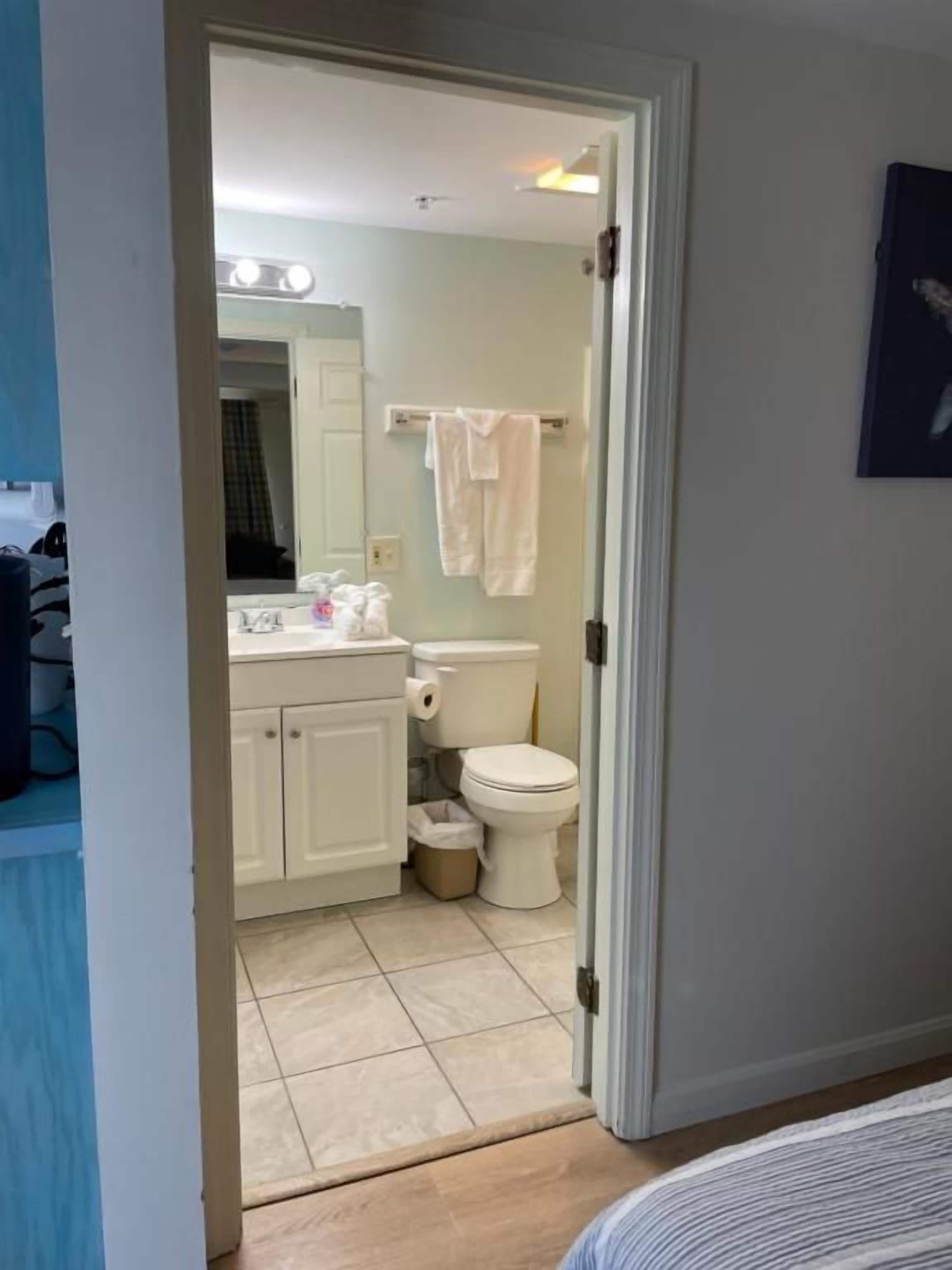 A bathroom with a toilet, sink, and mirror.