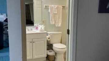 A bathroom with a toilet, sink, and mirror.