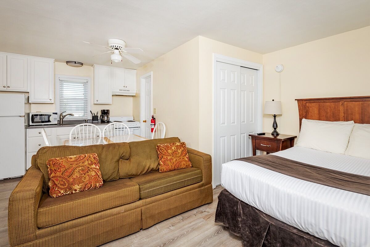 A hotel room with a bed, a sofa, a kitchenette, and a ceiling fan.