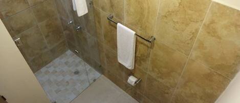 Une salle de bain avec une douche à parois de verre, des toilettes et un porte-serviettes.