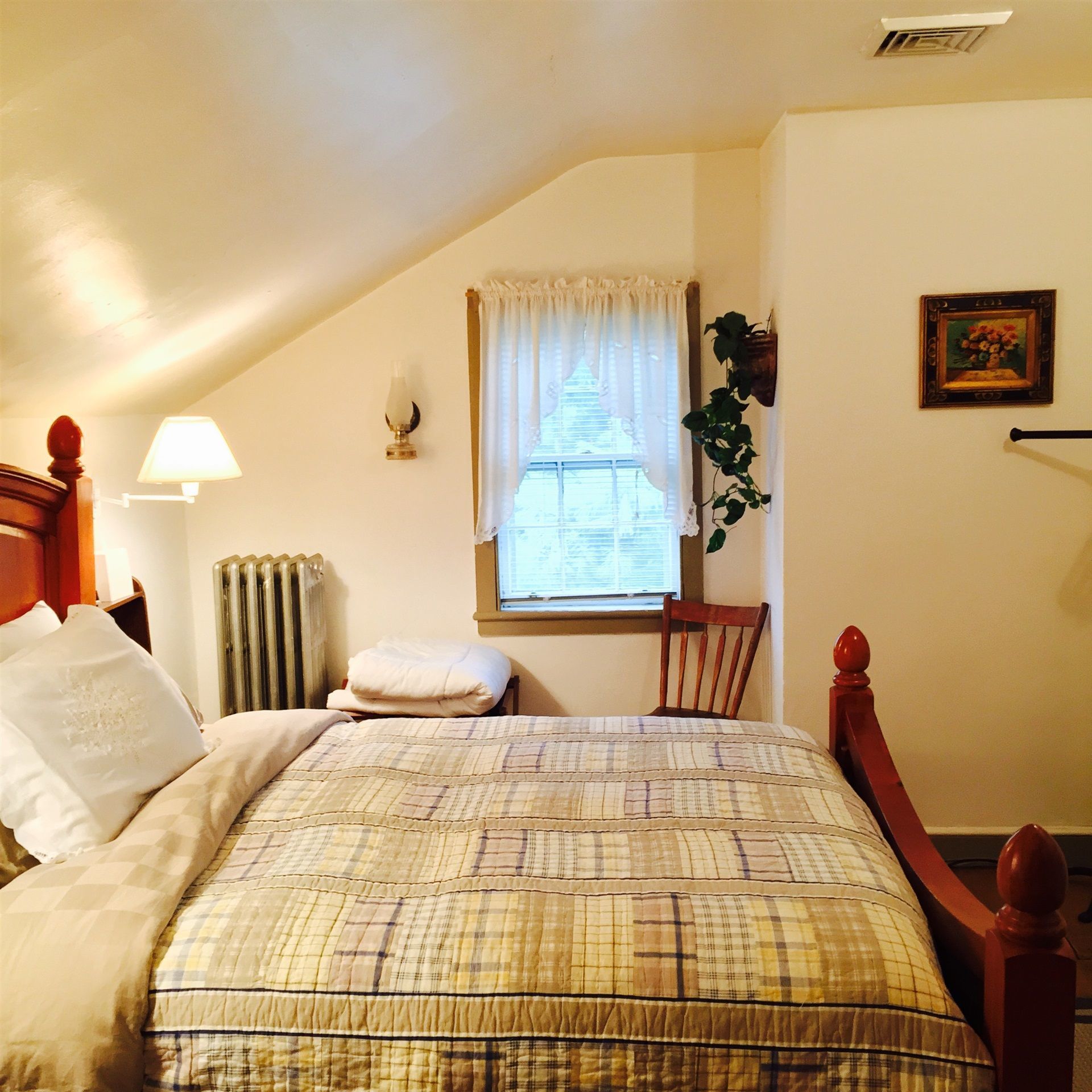 A bedroom with a bed, a radiator, a window with curtains, a chair, a wall-mounted plant, and a picture frame.