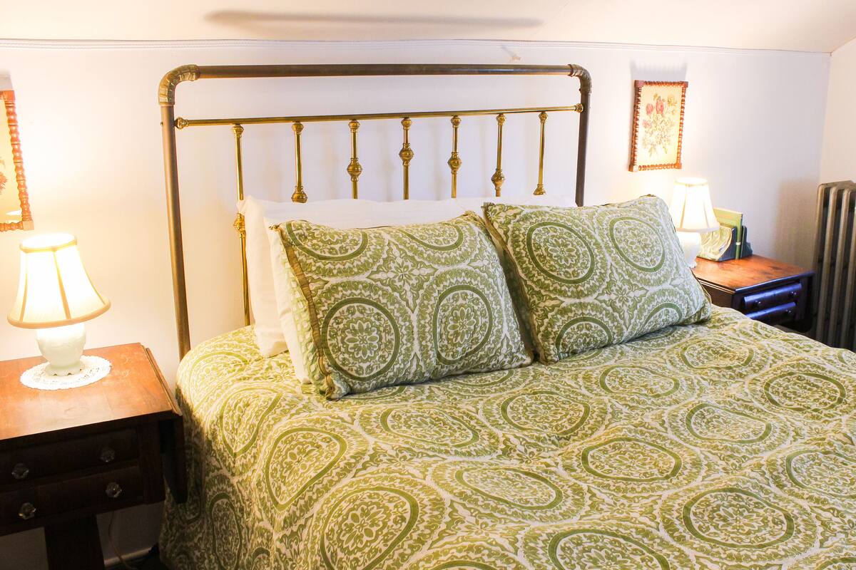 A bed with a metal headboard, two pillows with a green and white pattern, a bedside table with a lamp, and a nightstand with a book and a lamp.
