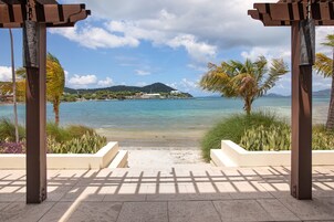 On the beach, sun-loungers, beach umbrellas, beach towels