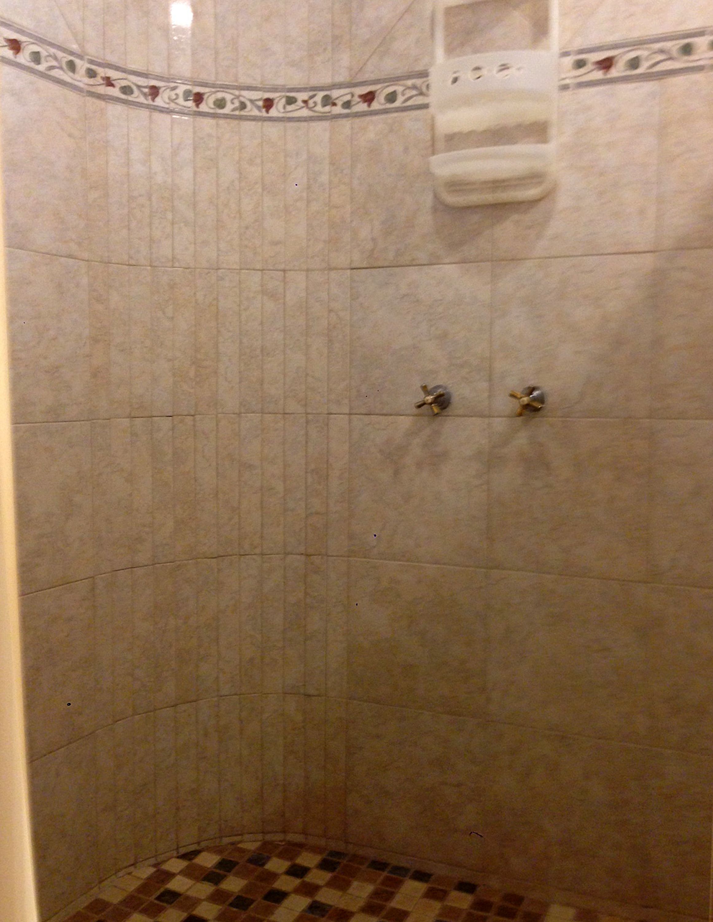 A shower with a checkered floor, a towel rack, and a decorative border.