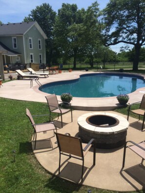 Seasonal outdoor pool, pool umbrellas, pool loungers