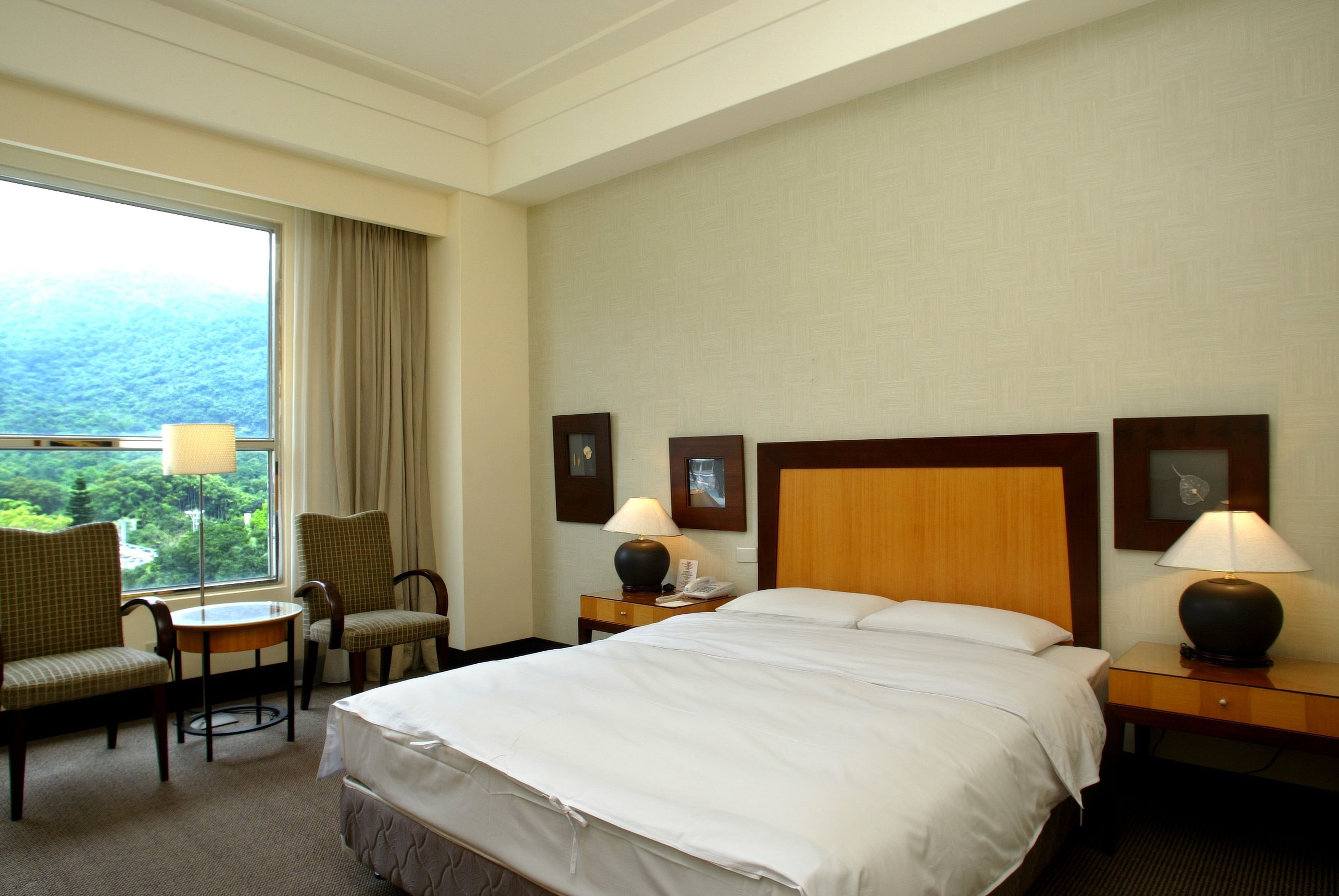 A hotel room with a large bed, two chairs, a small table, and a window with a view of greenery.
