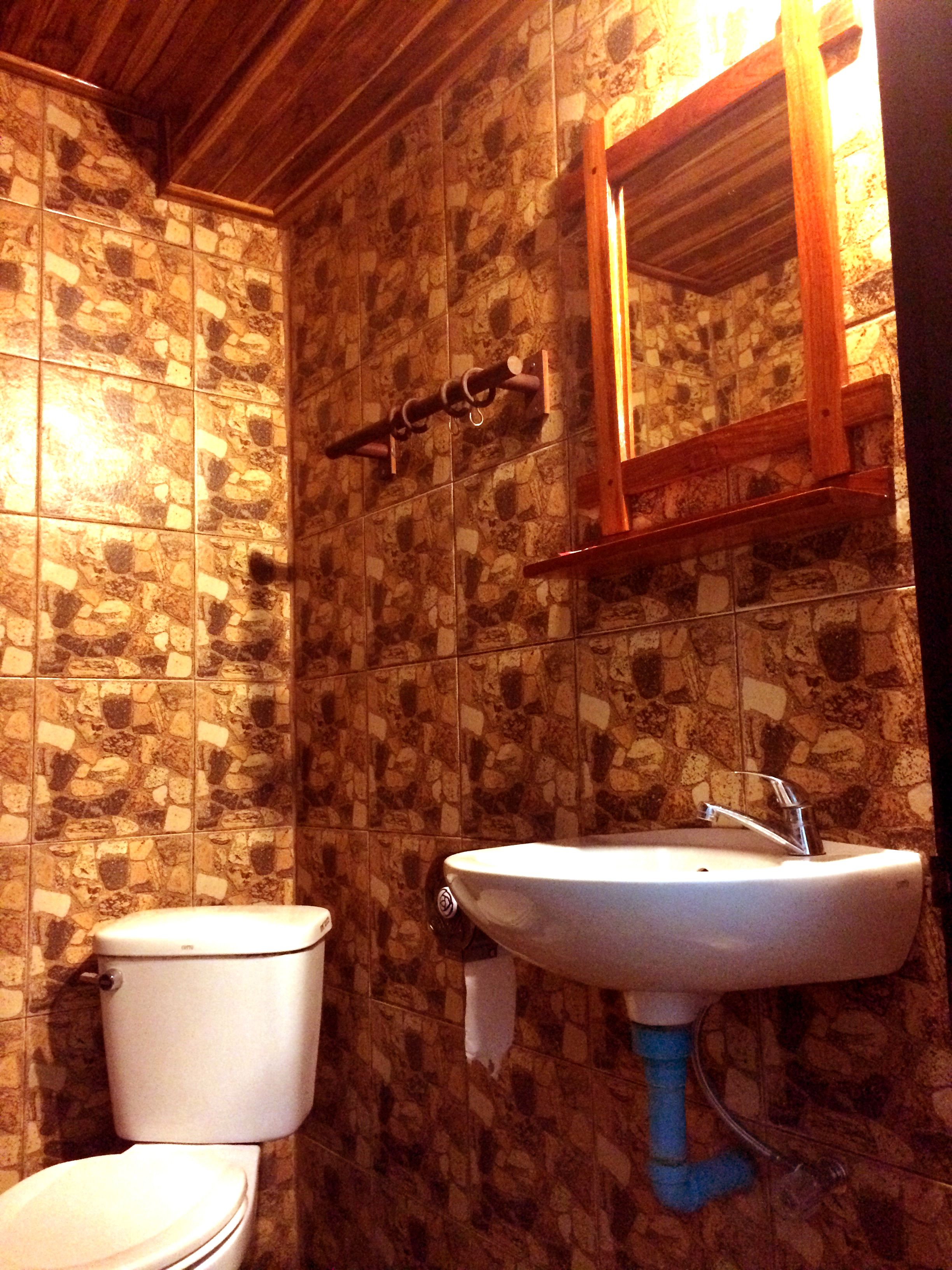 A bathroom with a stone-tiled wall, a toilet, and a sink with a blue pipe.