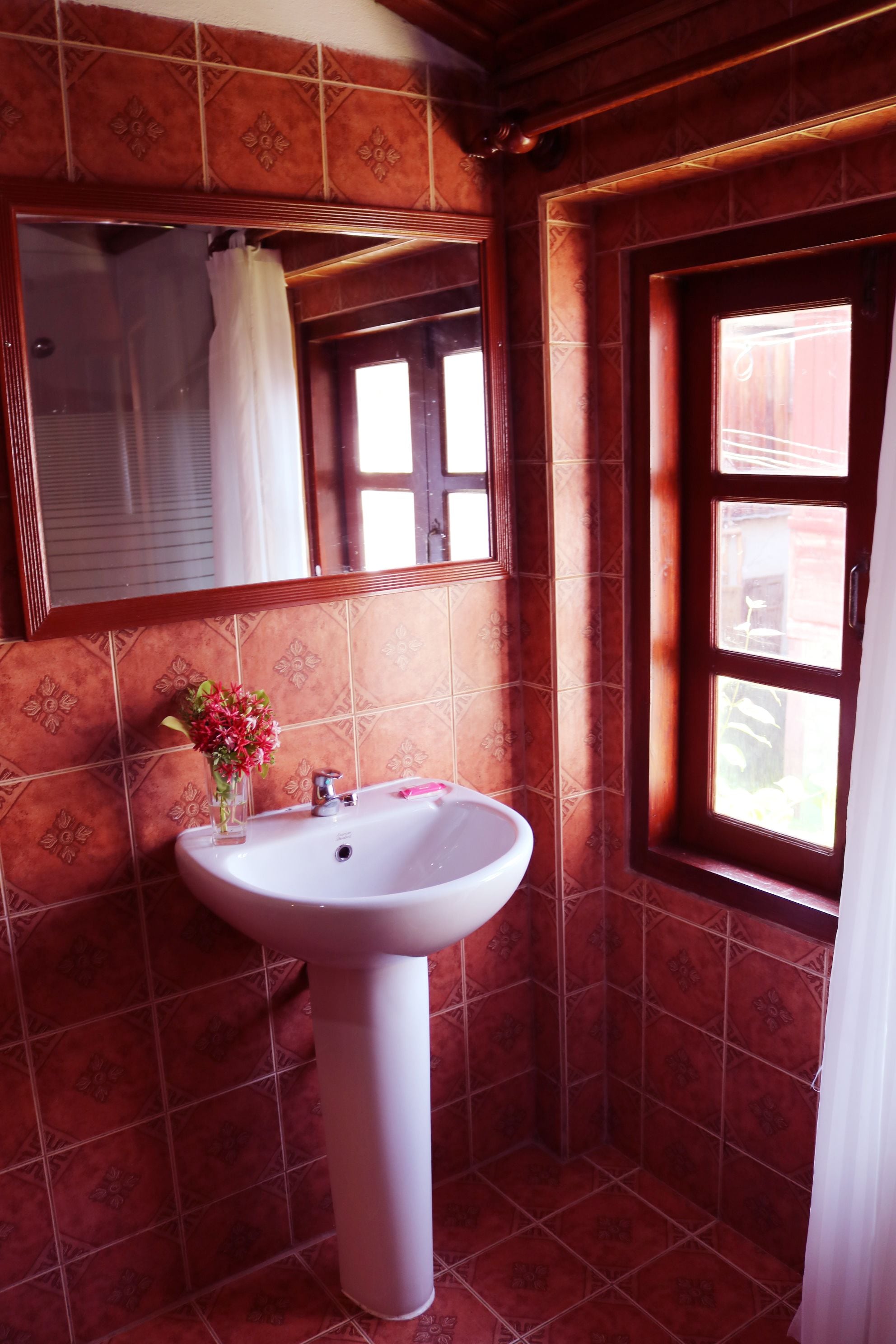 A bathroom with a white sink, a mirror above it, and a window with a view of the outside.