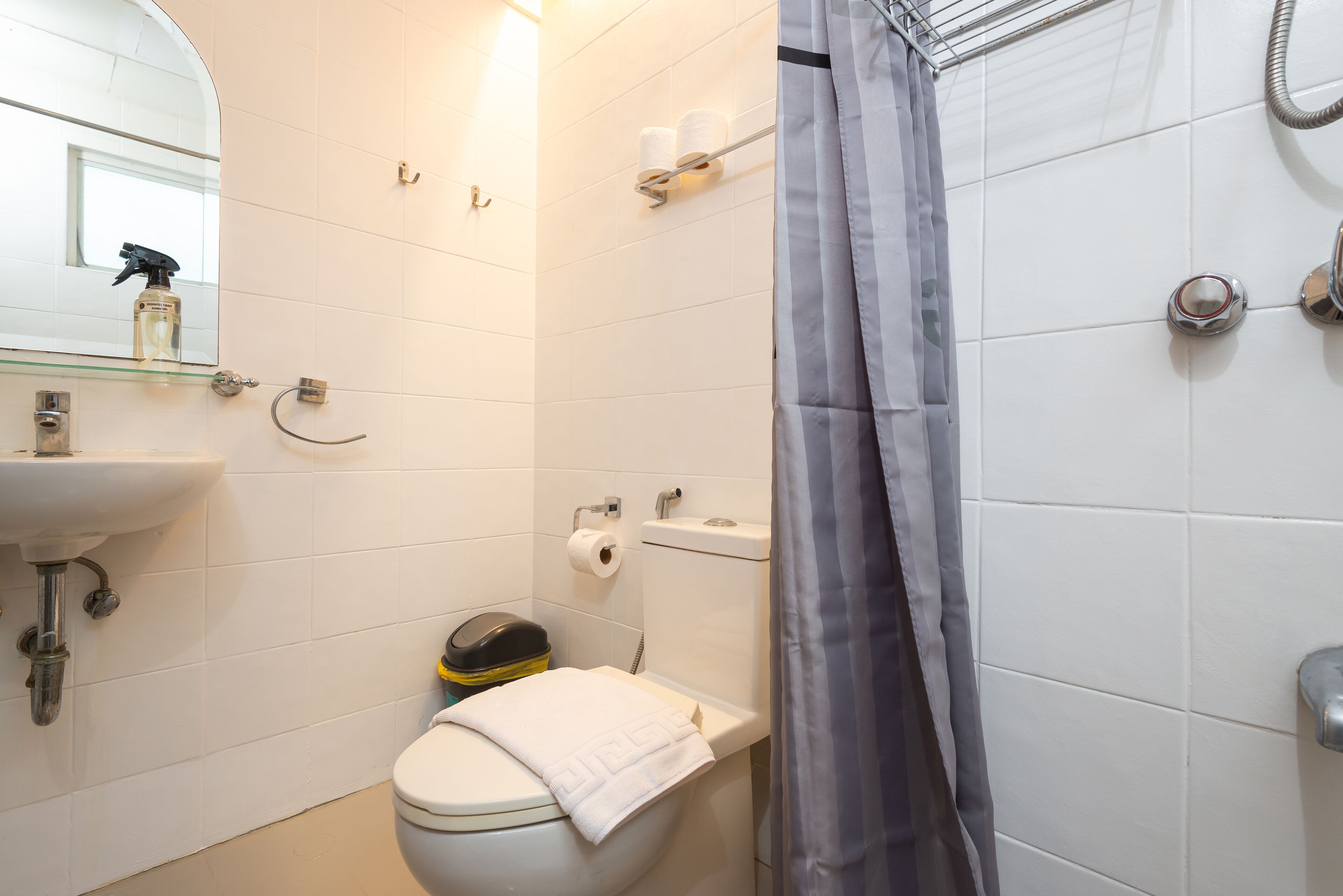 Een badkamer met toilet, wastafel en douche.