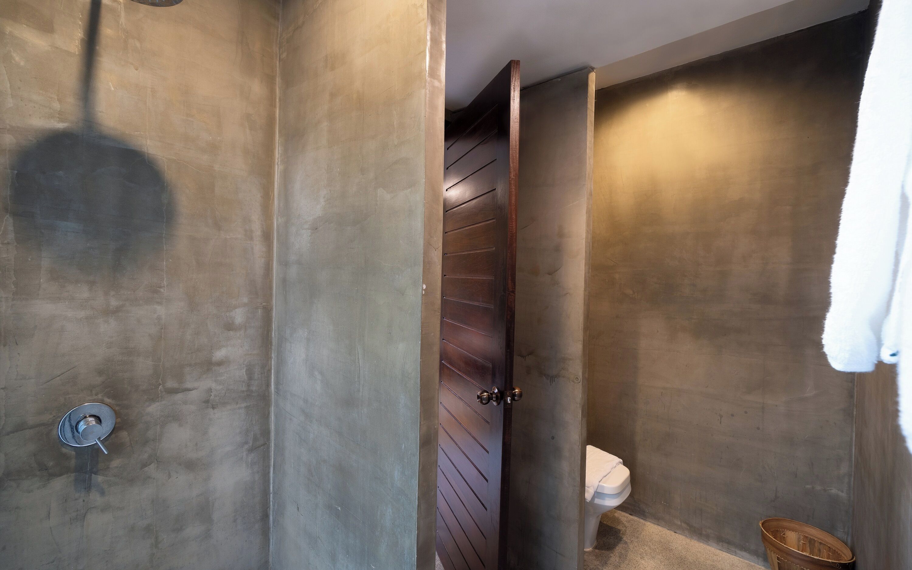 Une salle de bain avec un mur en béton, une porte en bois, des toilettes blanches et un espace douche.