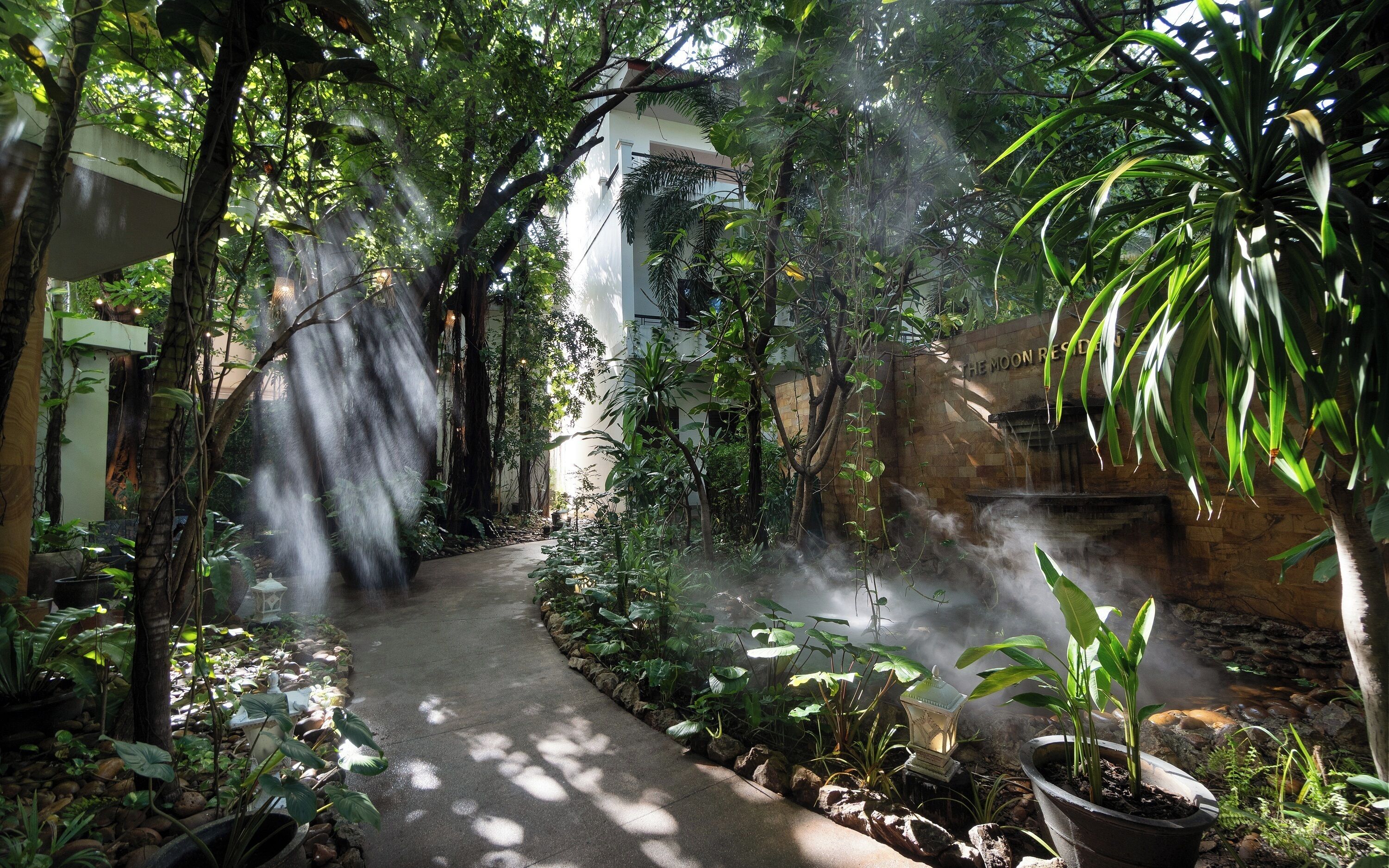 Un sendero en un jardín con una cascada, rodeado de abundante vegetación y plantas en macetas.