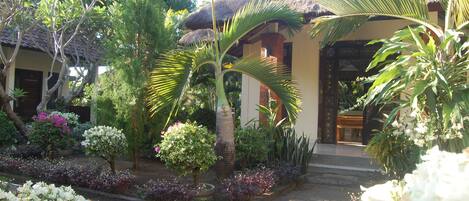 A tropical garden with a thatched-roof building, surrounded by various plants and flowers.