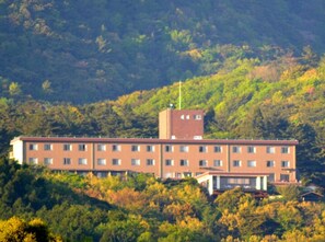 A multi-story building with a flat roof, surrounded by dense forest. - Ryokojin Sanso (Kirishima)