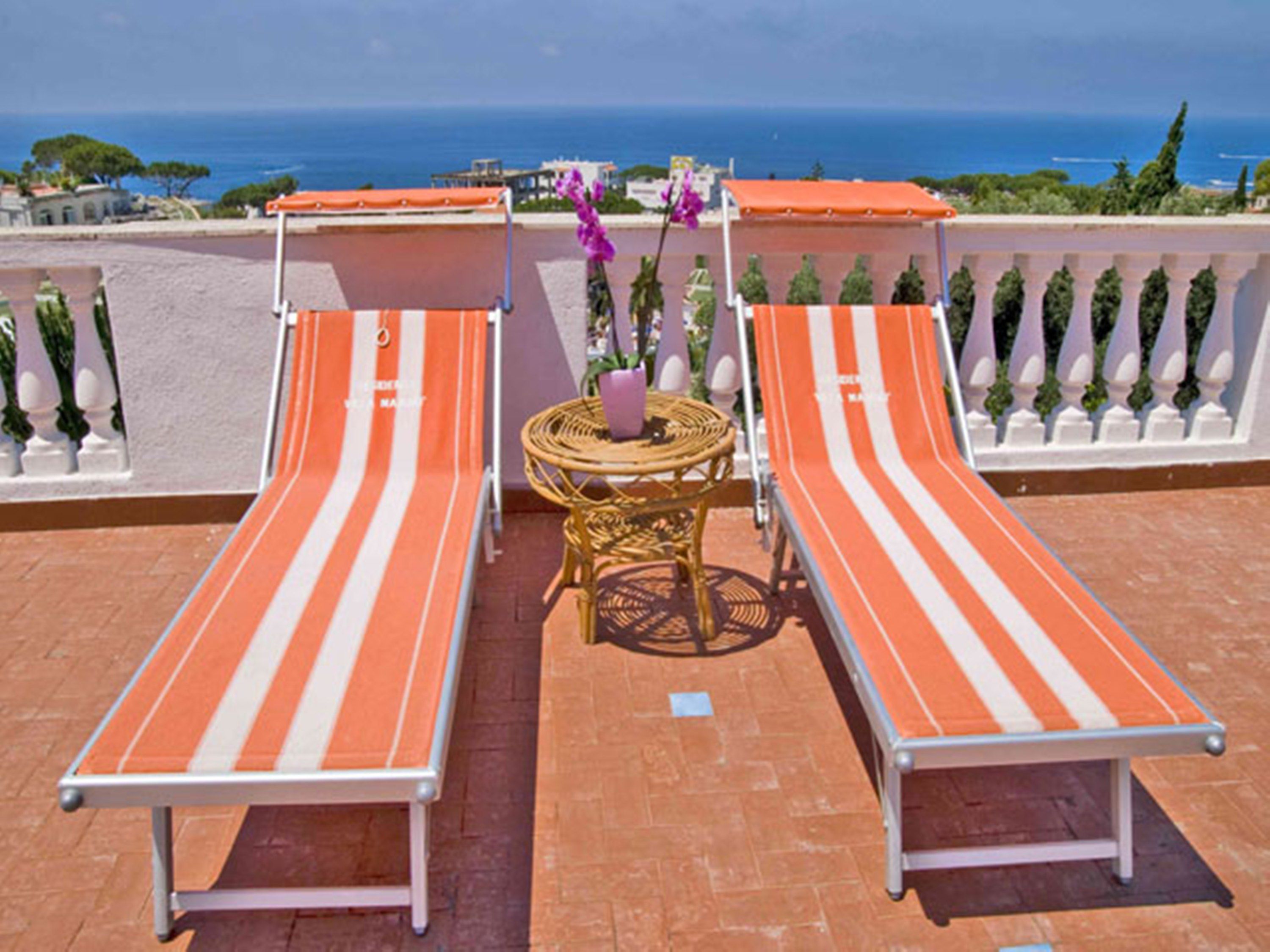 Two striped lounge chairs with a small round table and a purple flower between them, overlooking a coastal view.