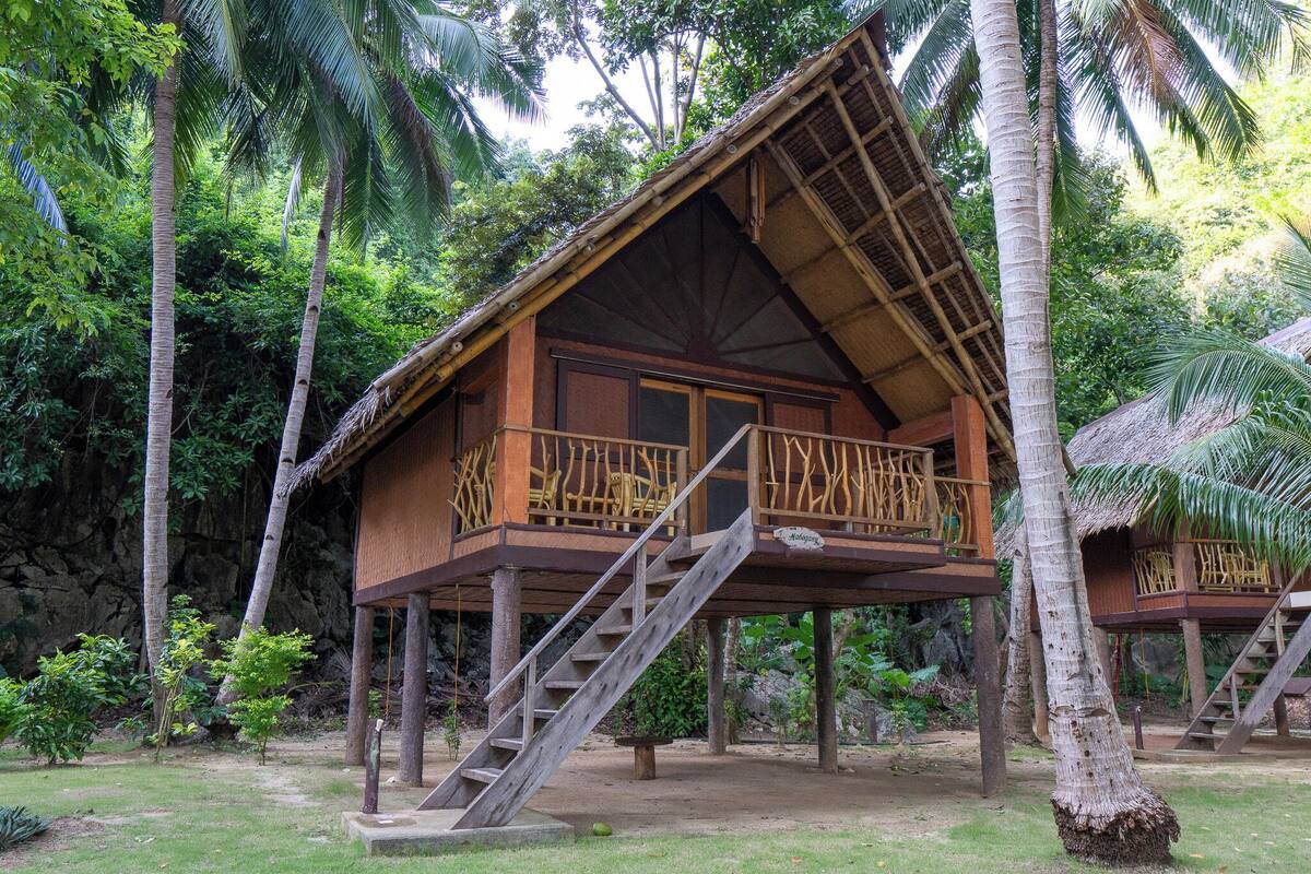 A wooden house with a balcony, surrounded by palm trees and greenery.