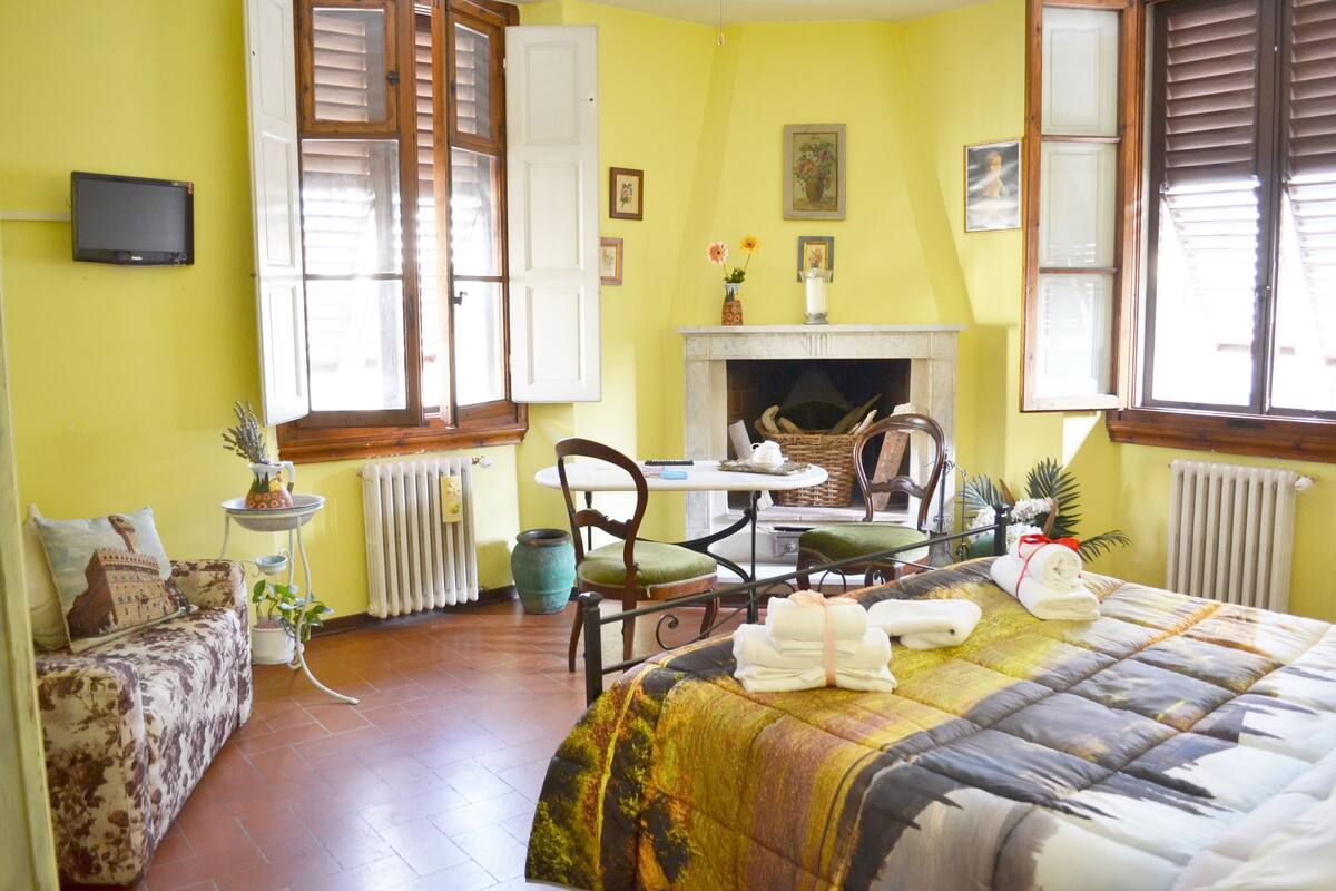 Een kamer met een bed, een bank, een eettafel met stoelen, een open haard en een aan de muur bevestigde televisie.