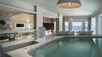 Une piscine intérieure moderne, dotée d’un grand miroir, d’un téléviseur et d’un luminaire au plafond au design original.