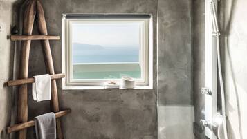 A bathroom with a concrete wall, a wooden ladder, a window with a view of the sea, and a shower.