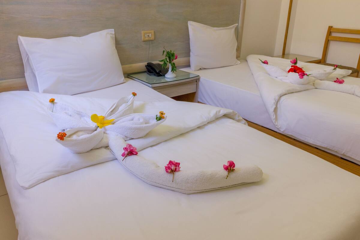 A hotel room with two beds, each with white linens and decorative flowers. There is a nightstand with a phone and a small plant between the beds.