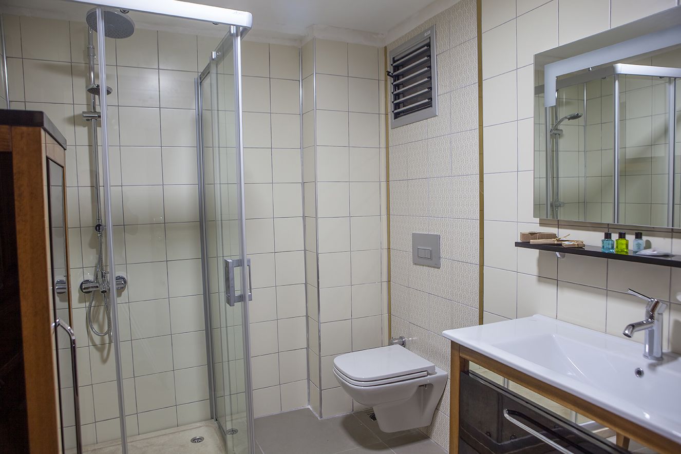 luxury room | bathroom | rainfall showerhead, free toiletries, hair dryer, slippers