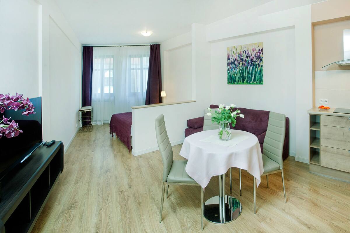 Een moderne woonkamer met een eethoek, keuken en slaapkamer.