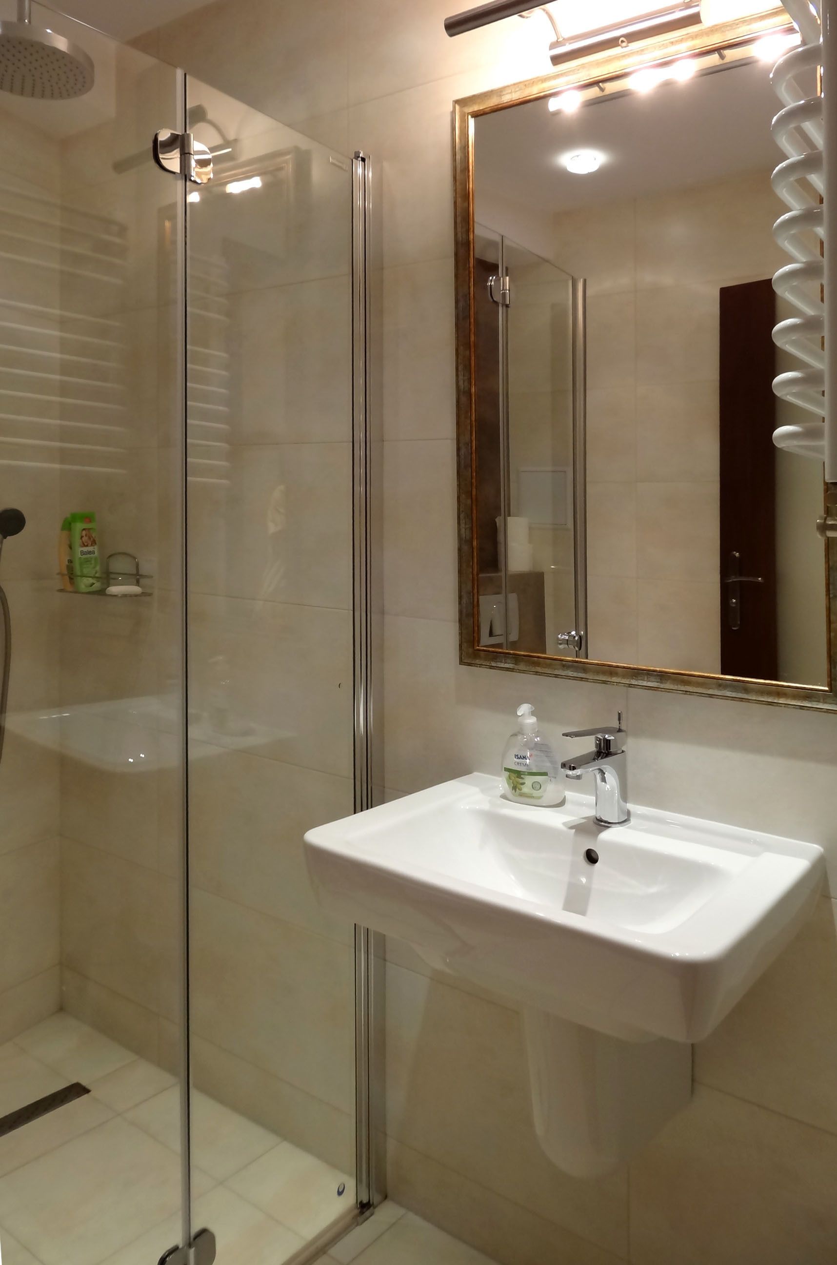 A modern bathroom with a glass-enclosed shower, a white sink, and a mirror with a gold frame.
