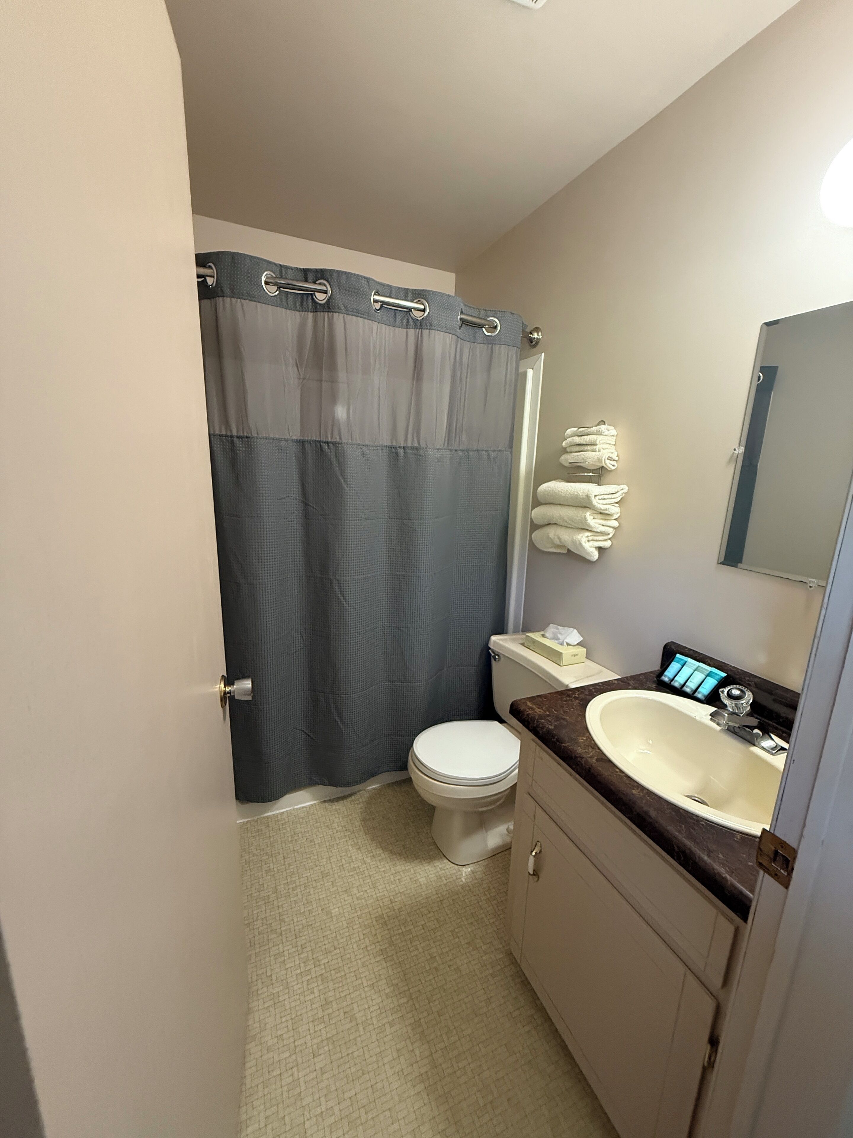 A compact bathroom with a toilet, sink, and a shower curtain.