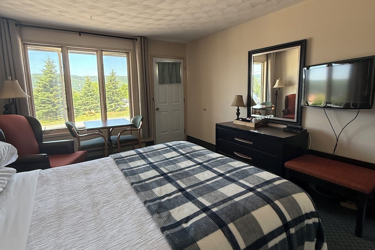 Habitación de hotel con una cama grande, un escritorio, una silla, un televisor y una ventana con vistas a árboles y una carretera.