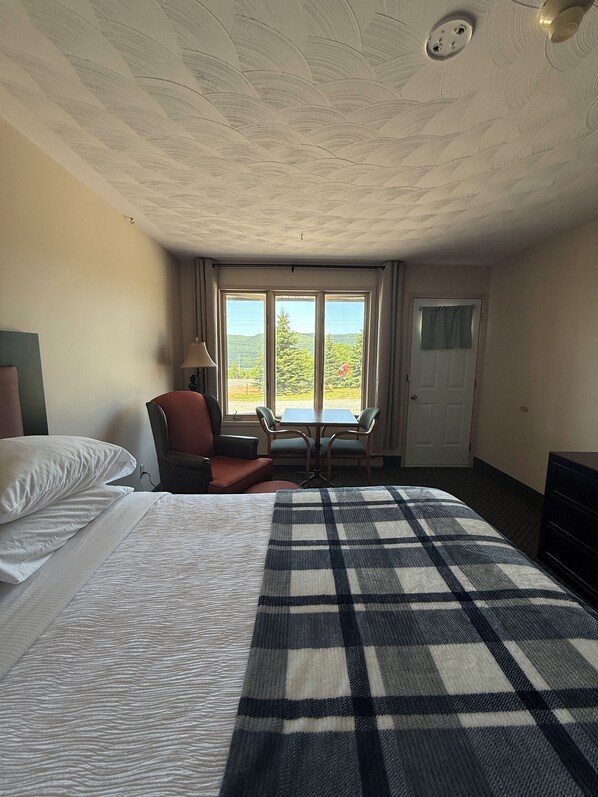 Una habitación de hotel con una cama, una manta escocesa, un escritorio y una silla.