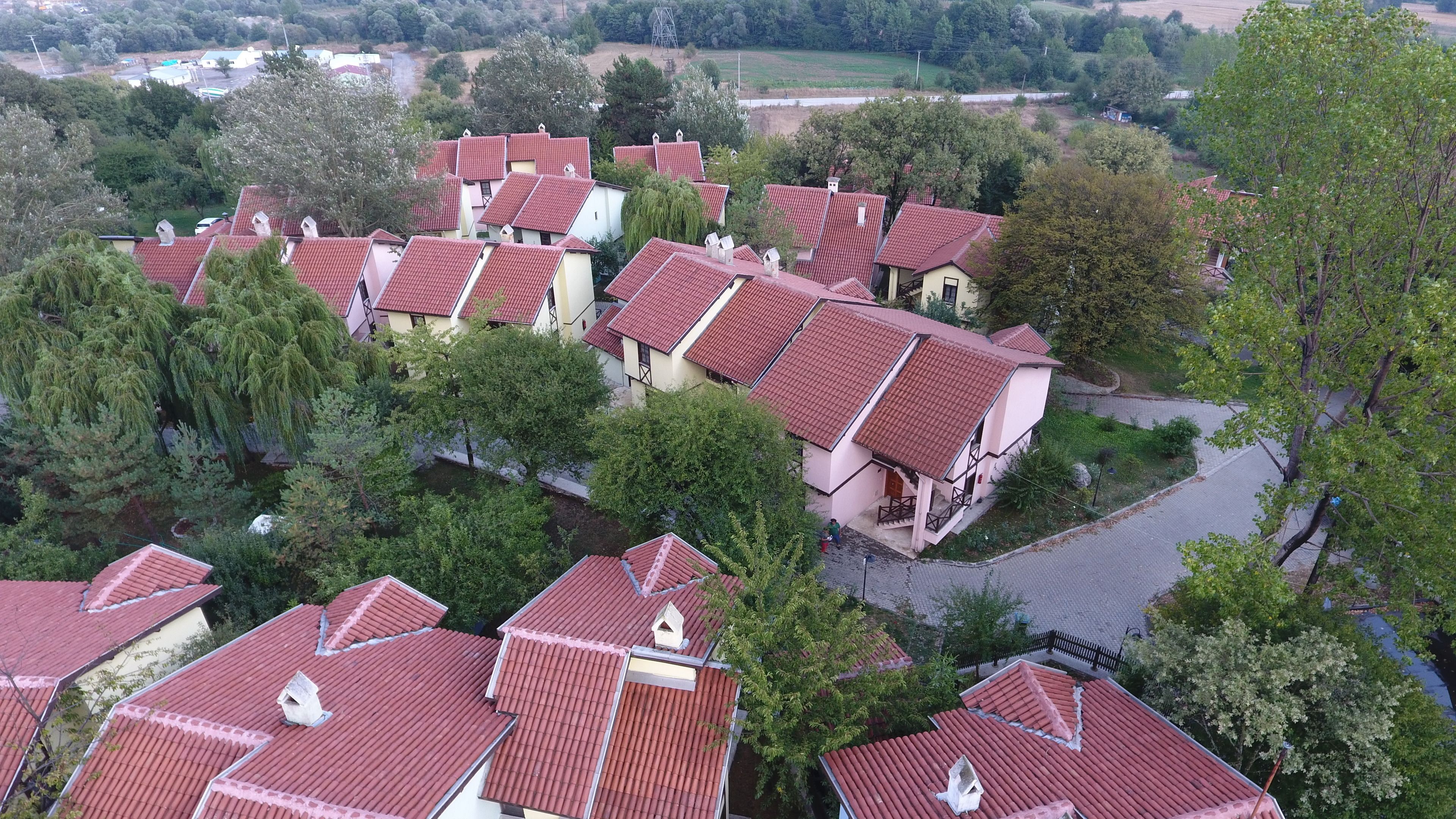 Vista aérea de una zona residencial con casas de tejados rojos rodeadas de vegetación.
