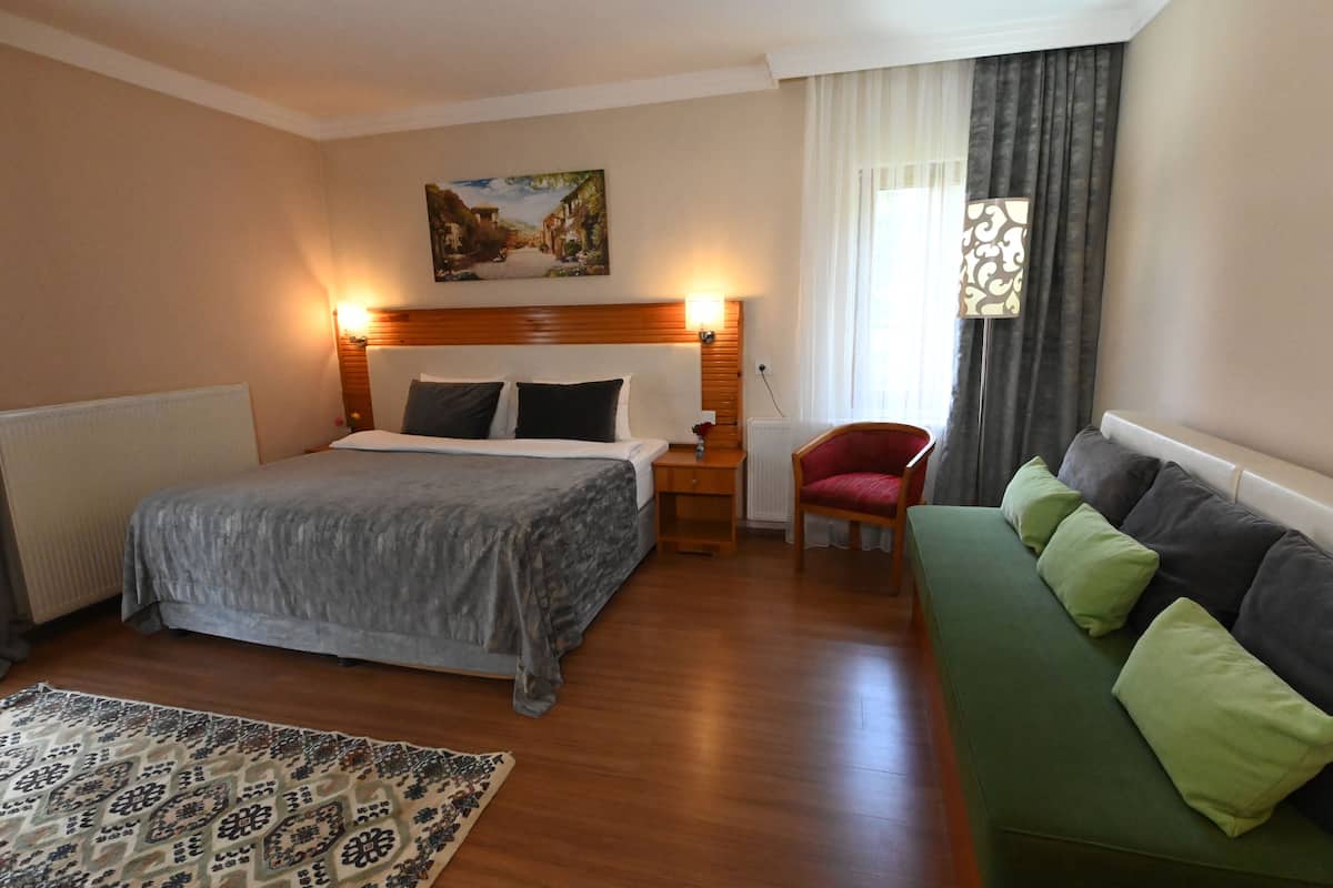 A hotel room with a bed, a green sofa, a red chair, a wooden headboard, a painting on the wall, and a patterned rug.