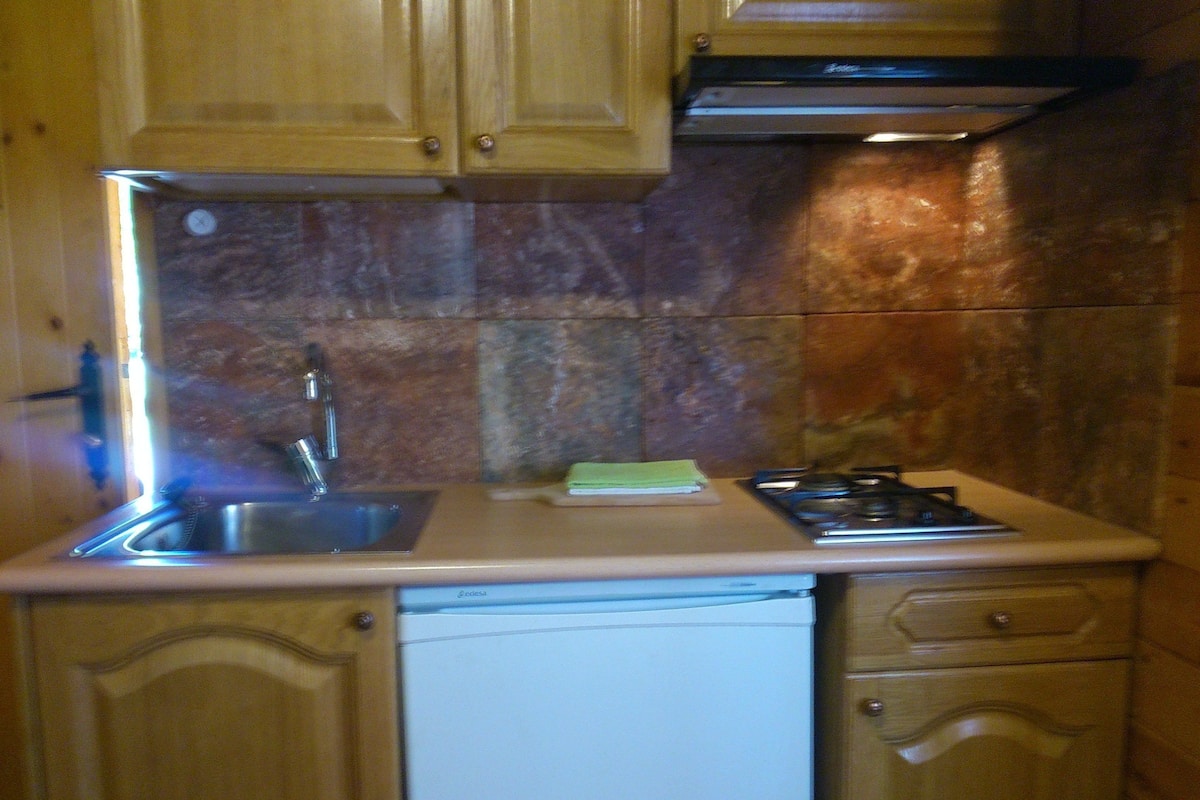Cocina compacta con armarios de madera, pileta de acero inoxidable, lavavajillas y cocina a gas.
