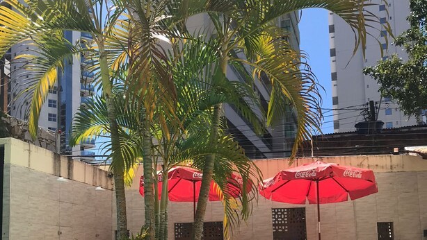 A swimming pool with tiled edges, surrounded by palm trees and red umbrellas. - Hotel Italia Meireles (Fortaleza)